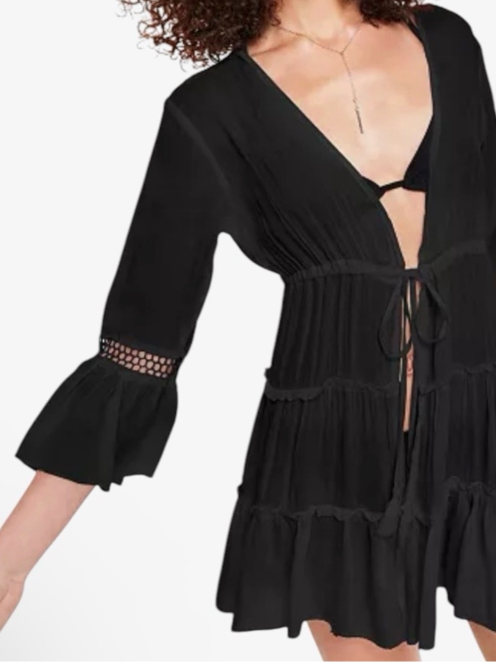 Raviya Resort Wear Beach Black Deep V Tie-Front Tiered Cover-Up